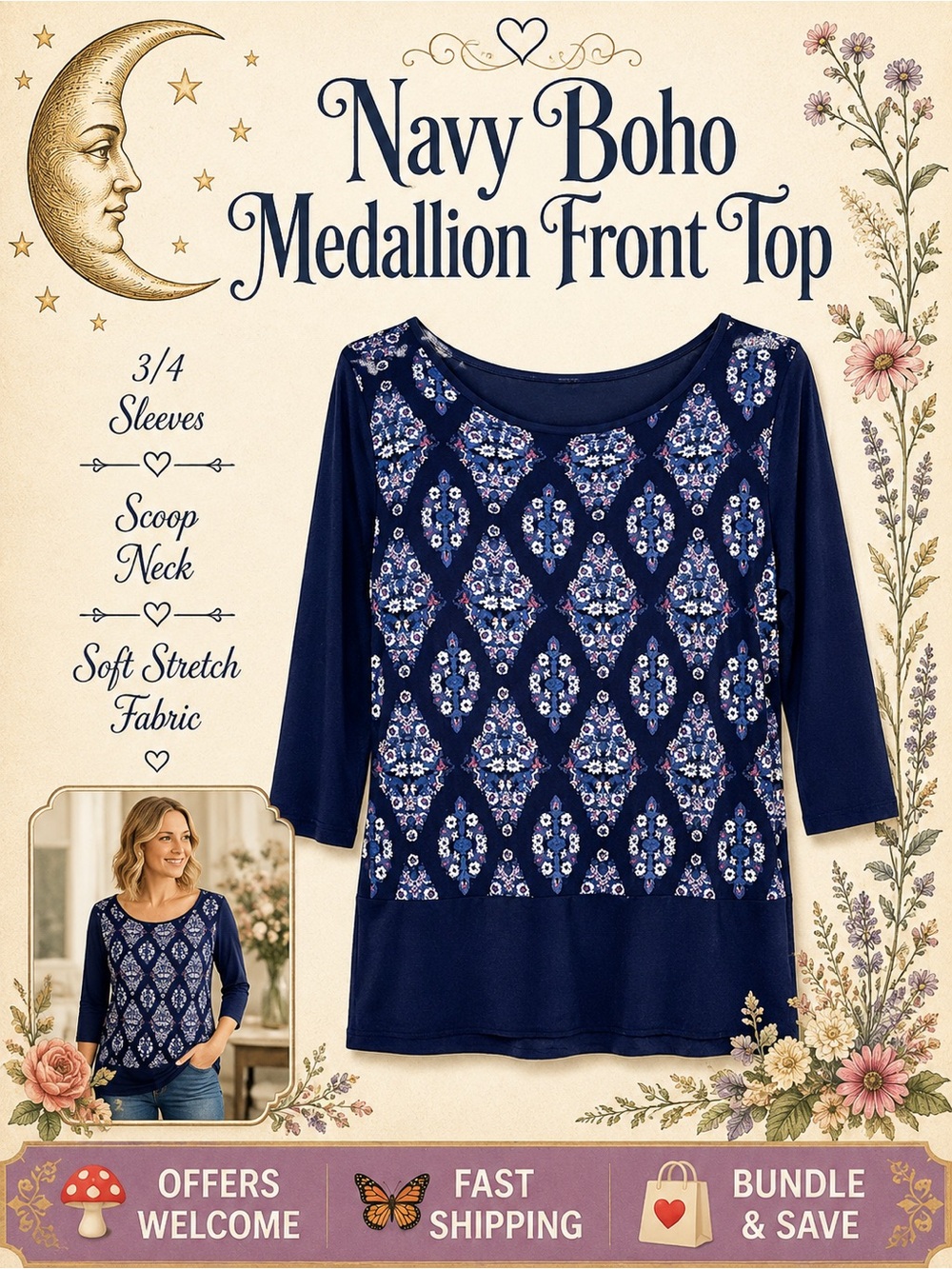 Lucky Brand Navy Medallion Top 3/4 Sleeves Scoop Neck Small